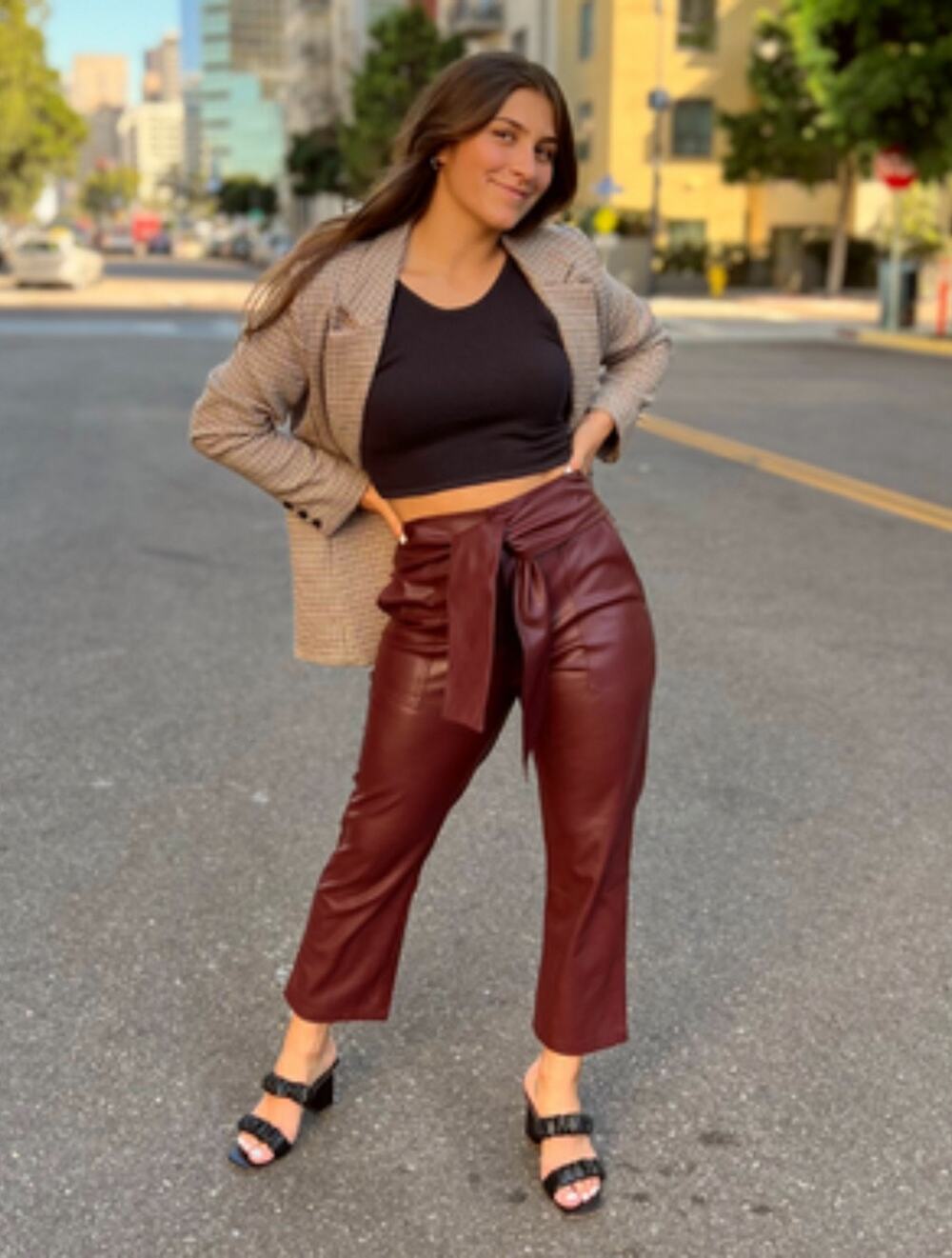 [Lucy Paris] Burgundy Faux Leather Belted High Rise Kick Flare Pants Sz Medium M
